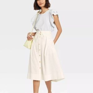 A new day button front midi skirt S a-line waist tie linen blend